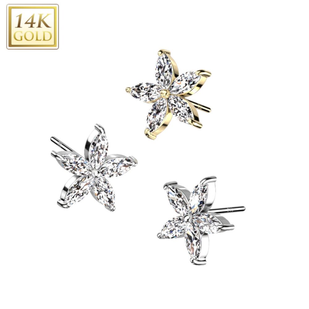 14KT Gold 14K Gold Threadless Push In 5 Marquise CZ Petals Flower Top