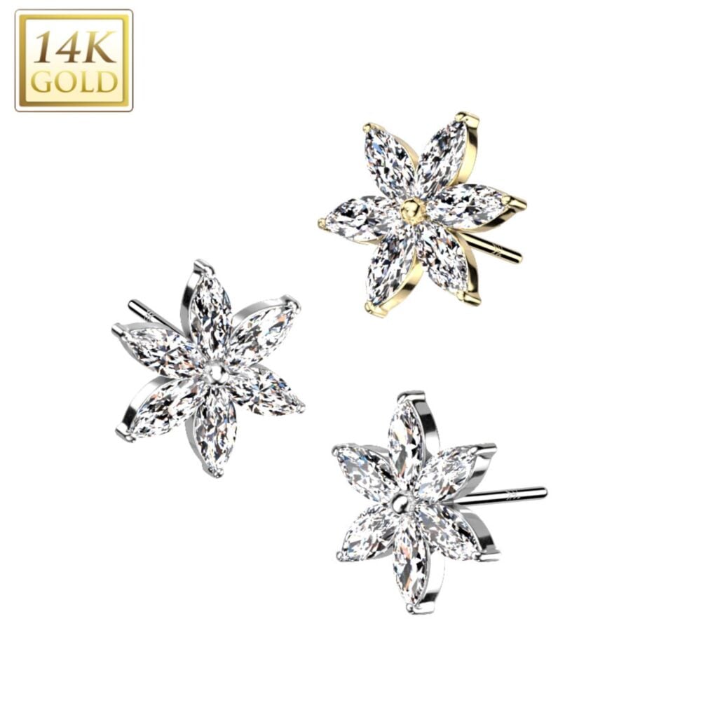 14KT Gold 14K Gold Threadless Push In 6 Marquise CZ Petals Flower Top