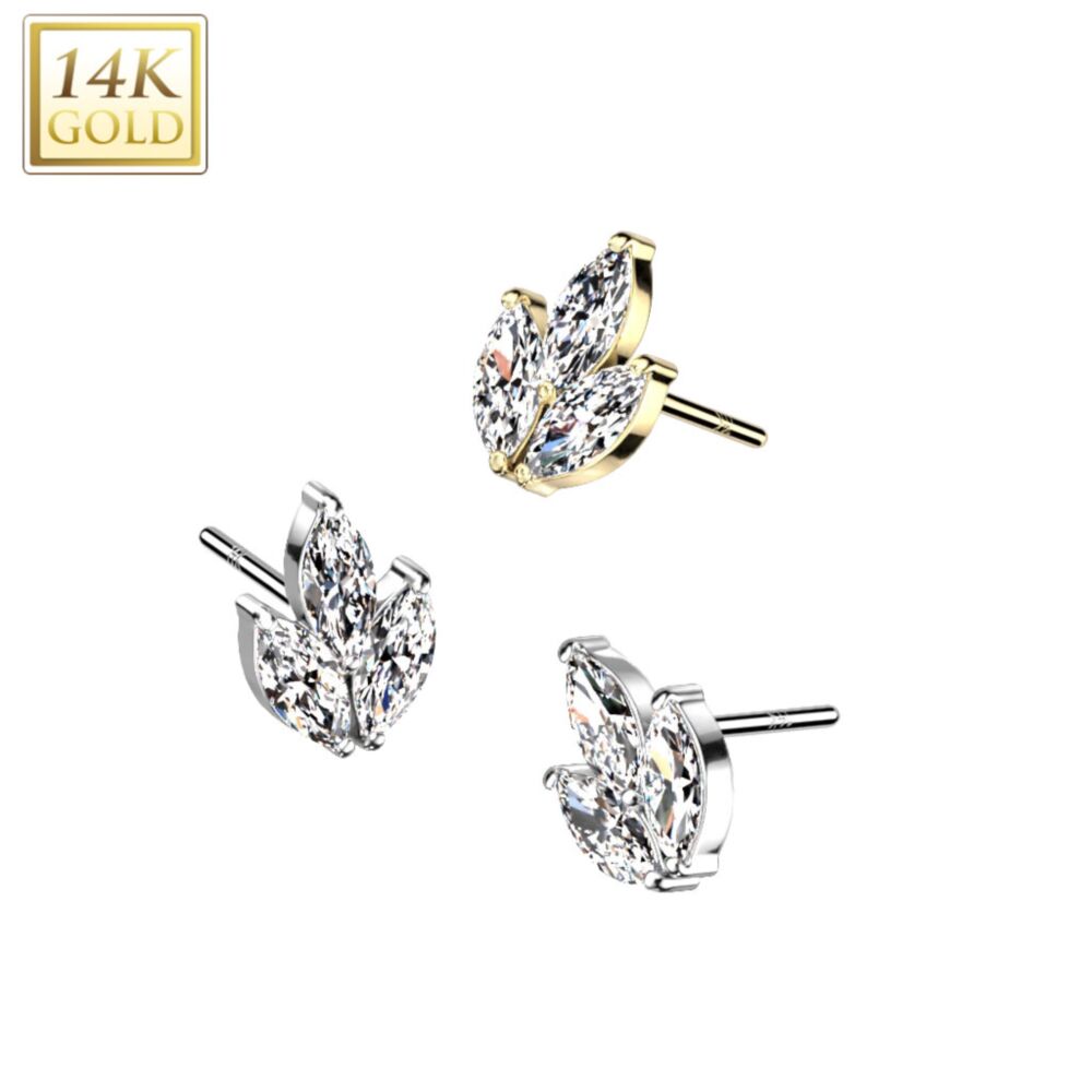 14K Gold Threadless Push In 3 Marquise CZ Leaf Top