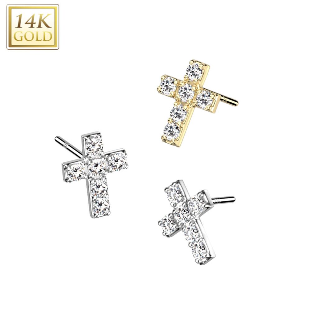 14K Gold Threadless Push In 6 Prong Set CZ Cross Top