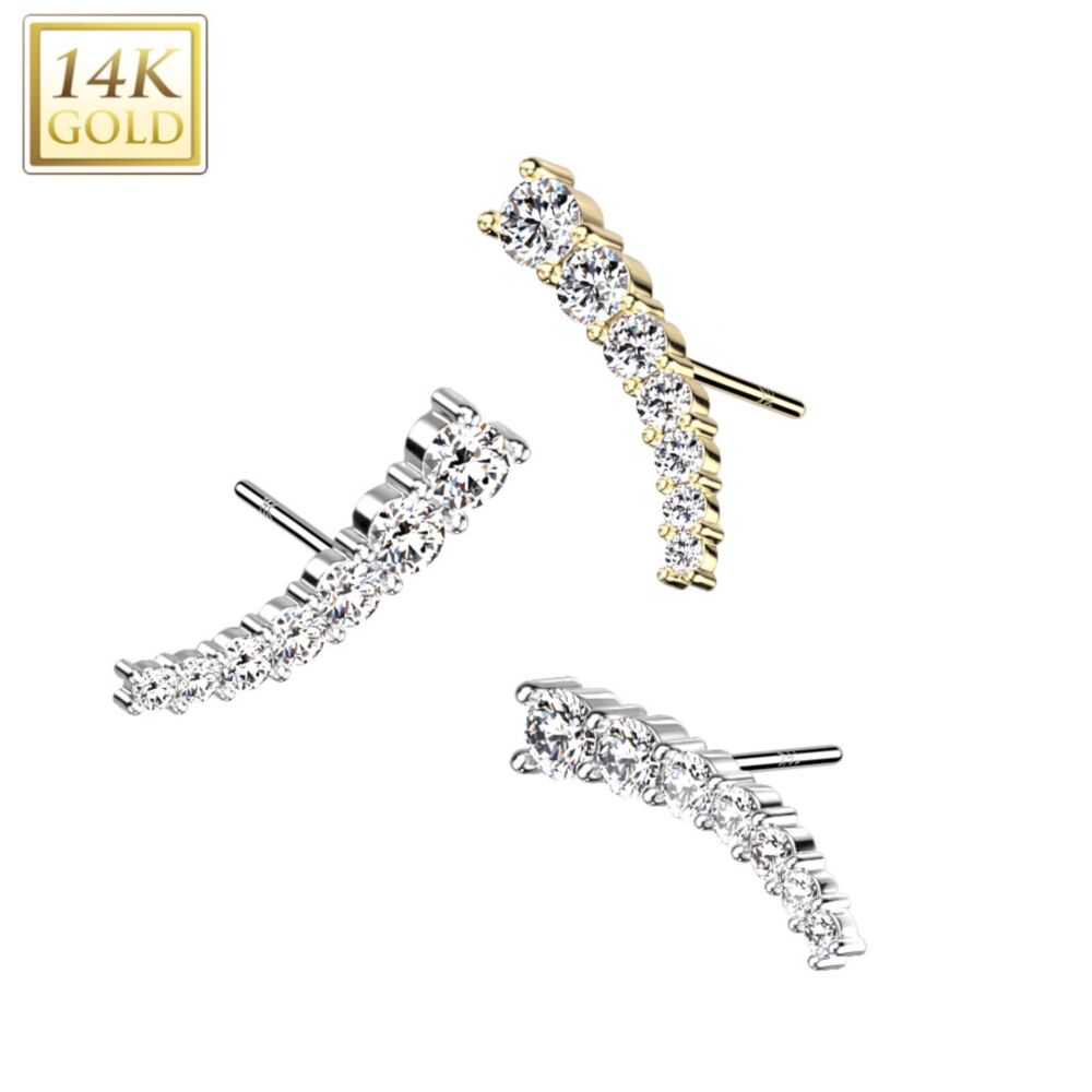 14K Gold Threadless Push In CZ Paved Curved Line Top