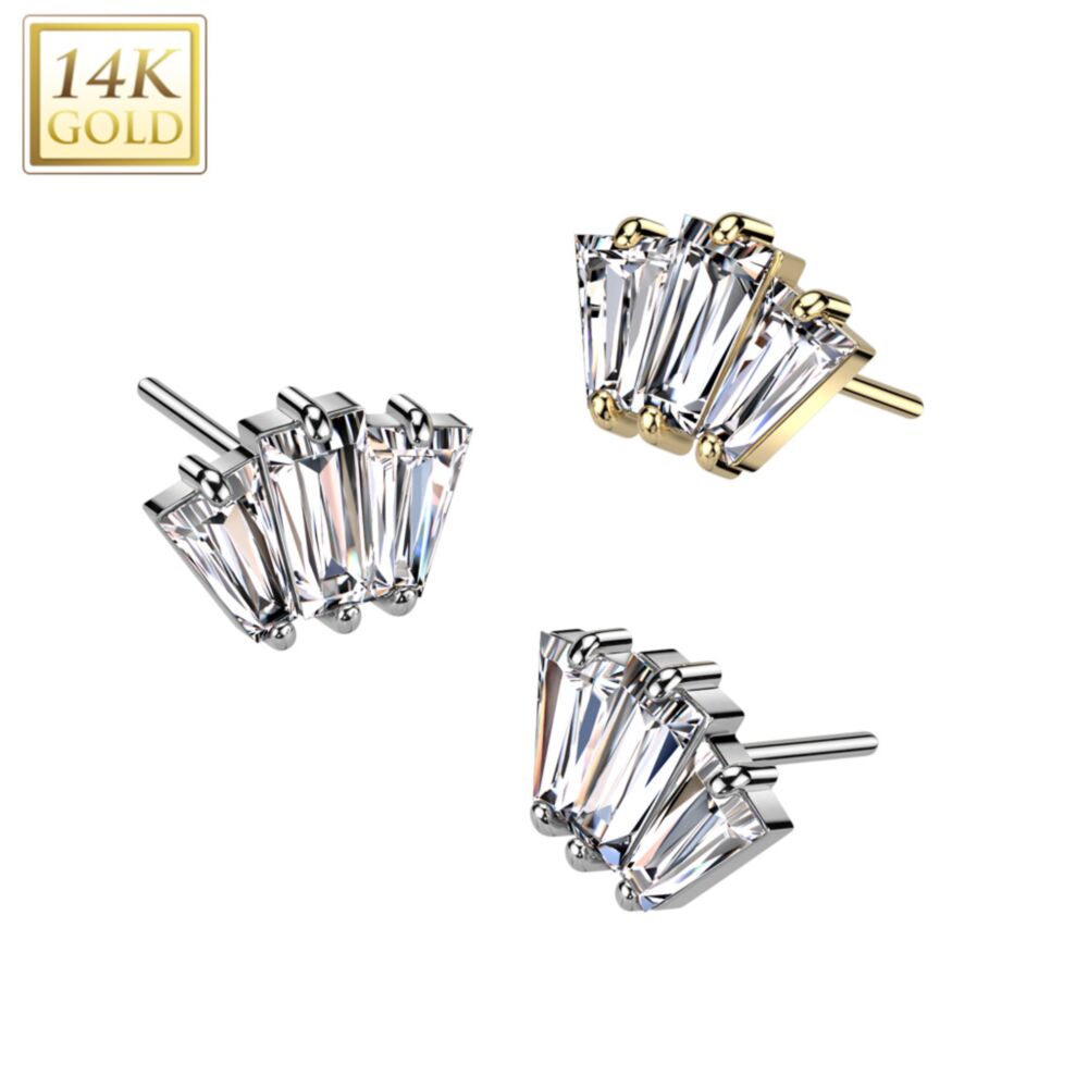 14K Gold Threadless Push In 3 Baguette CZ Fan