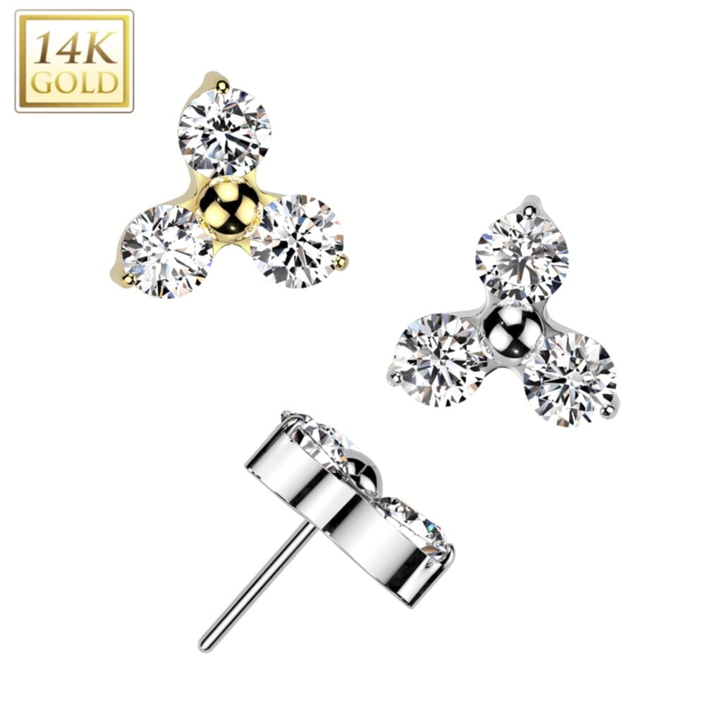 14KT Gold 14K Gold Threadless Push In 3 CZ Triangle Prong Set Top