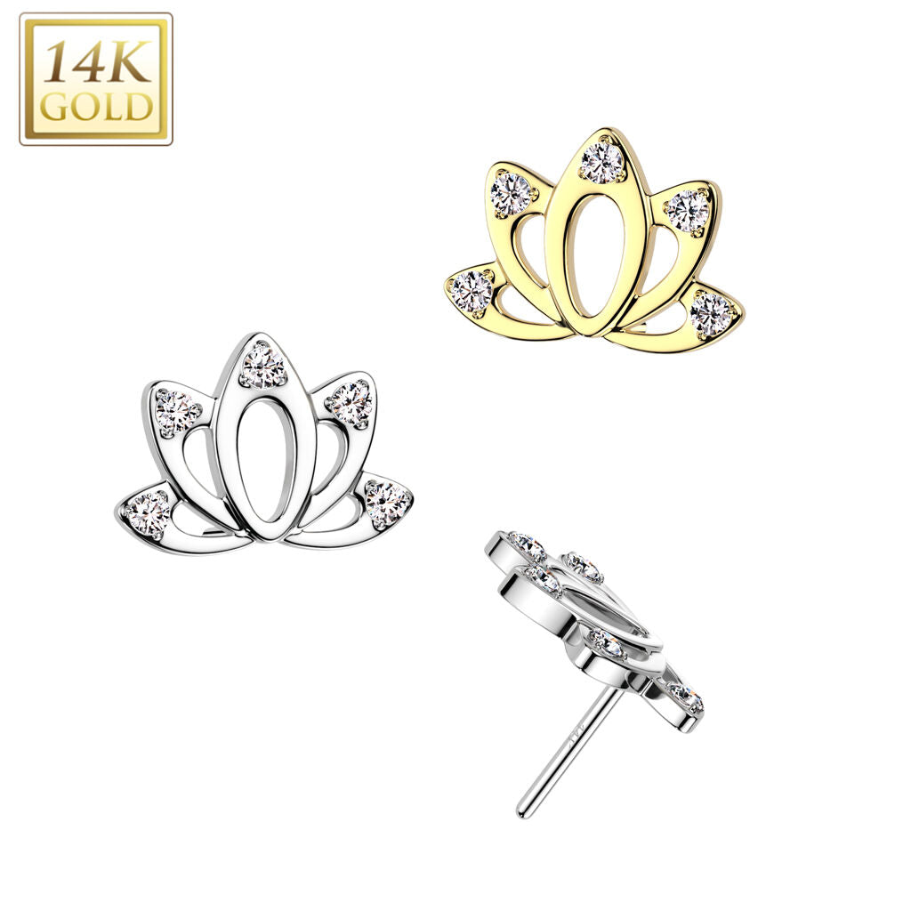 14KT Gold 14K Gold Threadless Push In Hollow Lotus Top With CZ Ends
