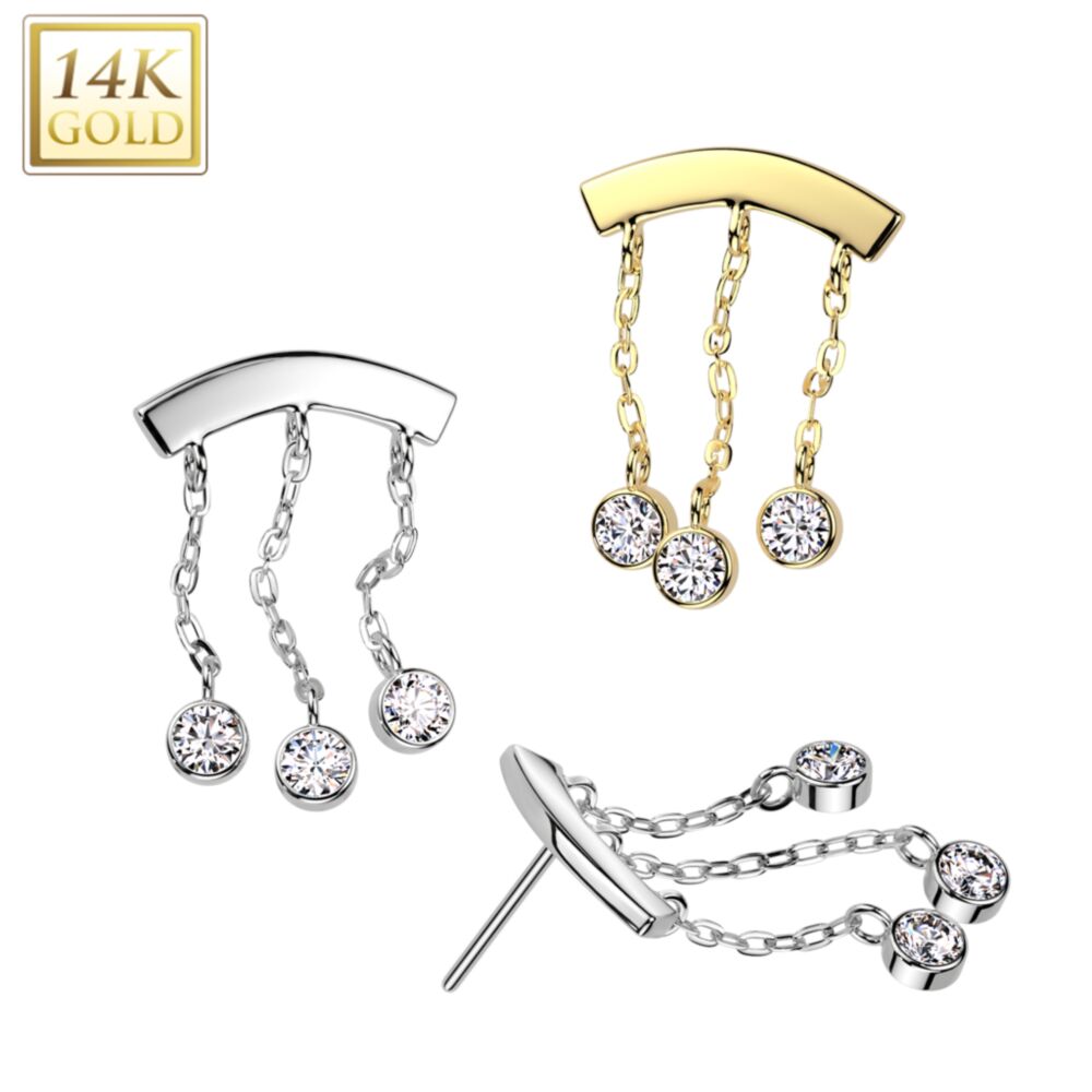 14KT Gold 14K Gold Threadless Push In Curved Bar Top With Triple CZ...