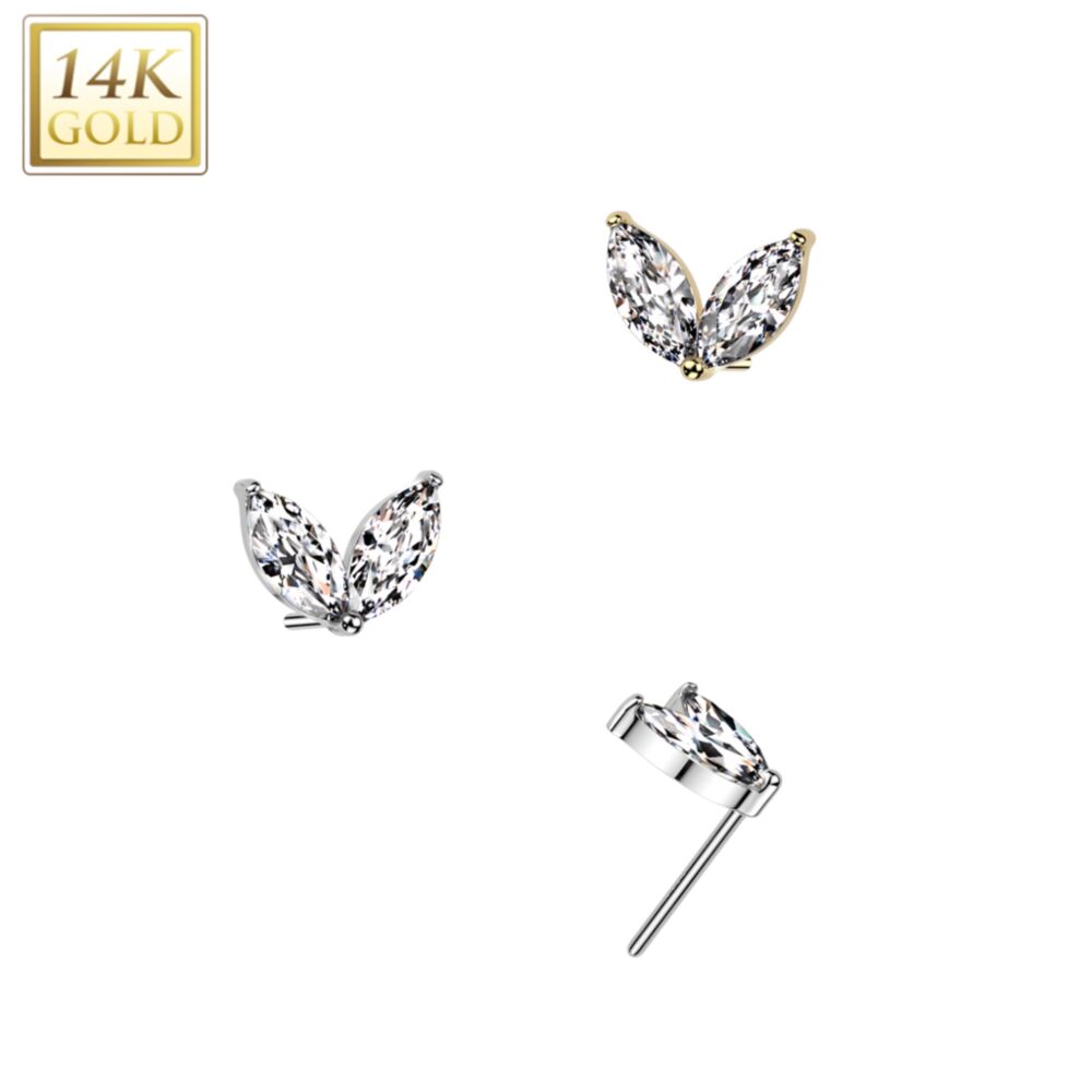 14K Gold Threadless Push In Marquise CZ Sprout Top