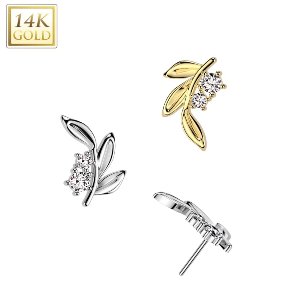 14K Gold Threadless Push In Leaf Top With CZ