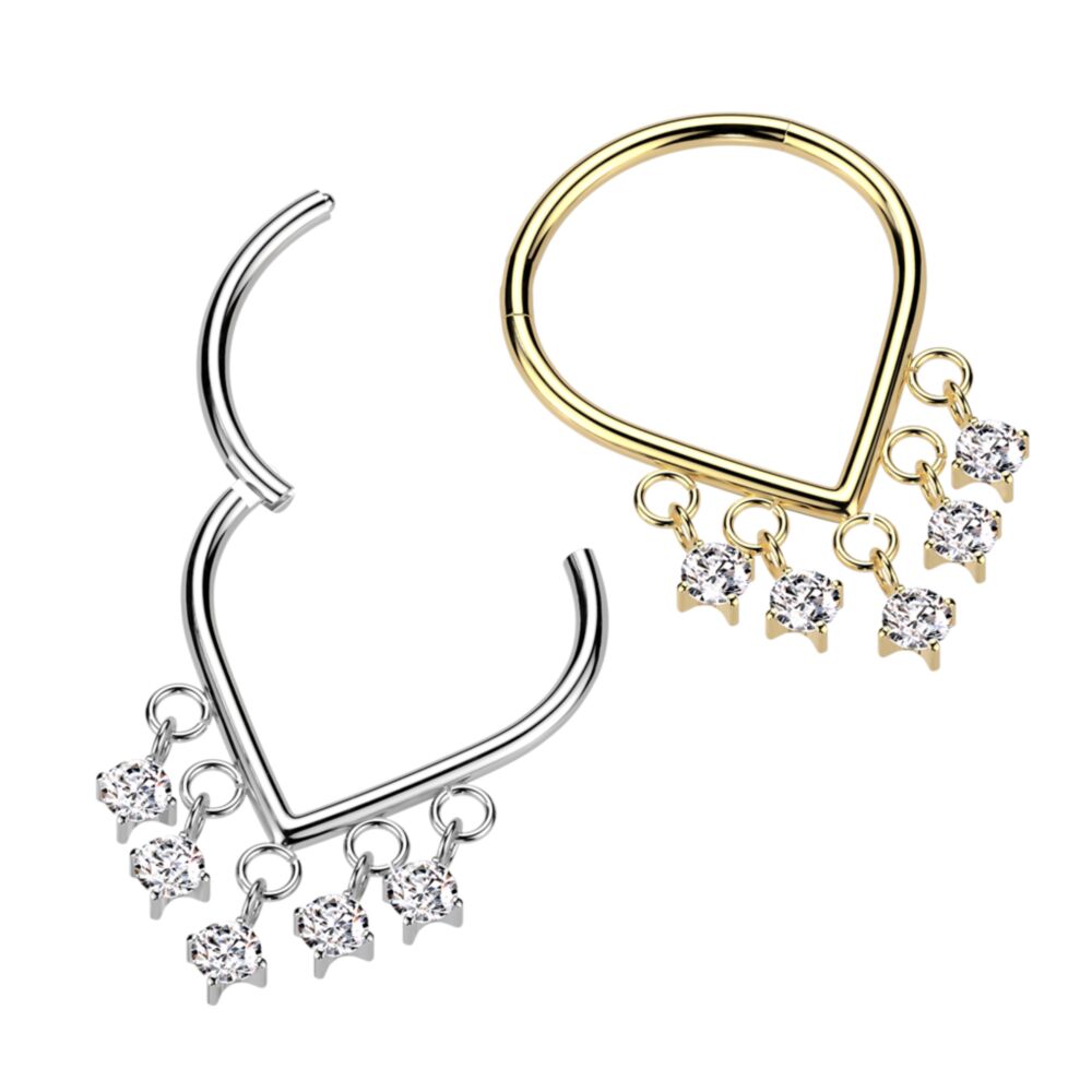 Implant Grade Titanium Hinged Chevron Segment Hoop Ring With 5 Prong Set CZ Dangles