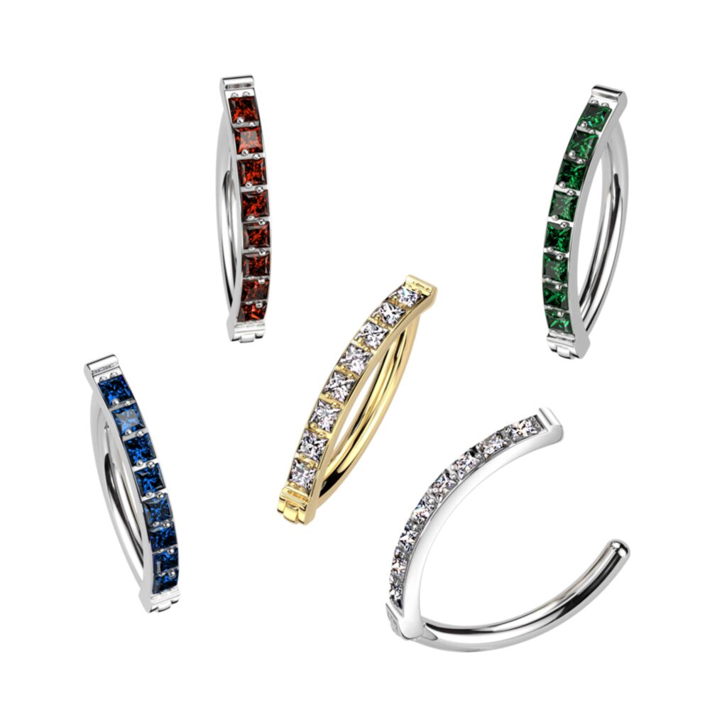 Implant Grade Titanium Hinged Hoop With Pave Square CZ Eyebrow and Ear Cartilage Ring