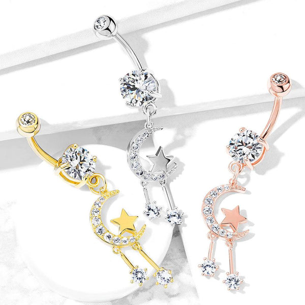 316L Surgical Steel 316L Surgical Steel CZ Paved Crescent Moon and Star...
