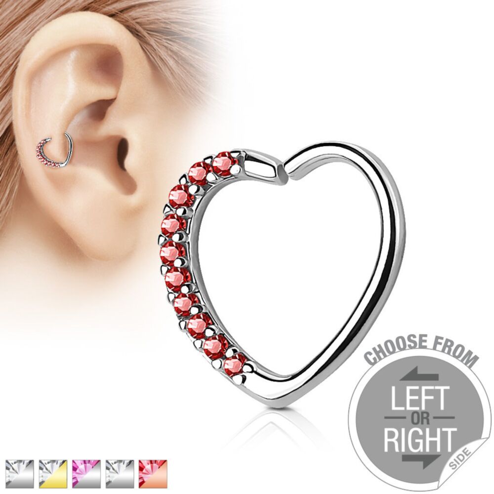 Brass Lined CZ Set Heart 16 Gauge Ear Cartilage Hoop Rings