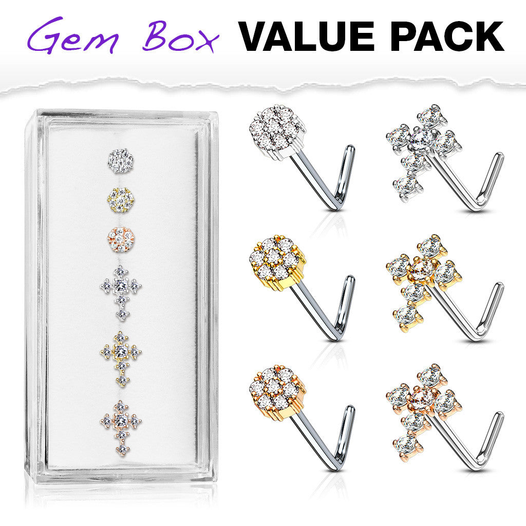 CZ Paved Small Flower and Cross 316L surgical Steel L Bend Nose Stud Rings