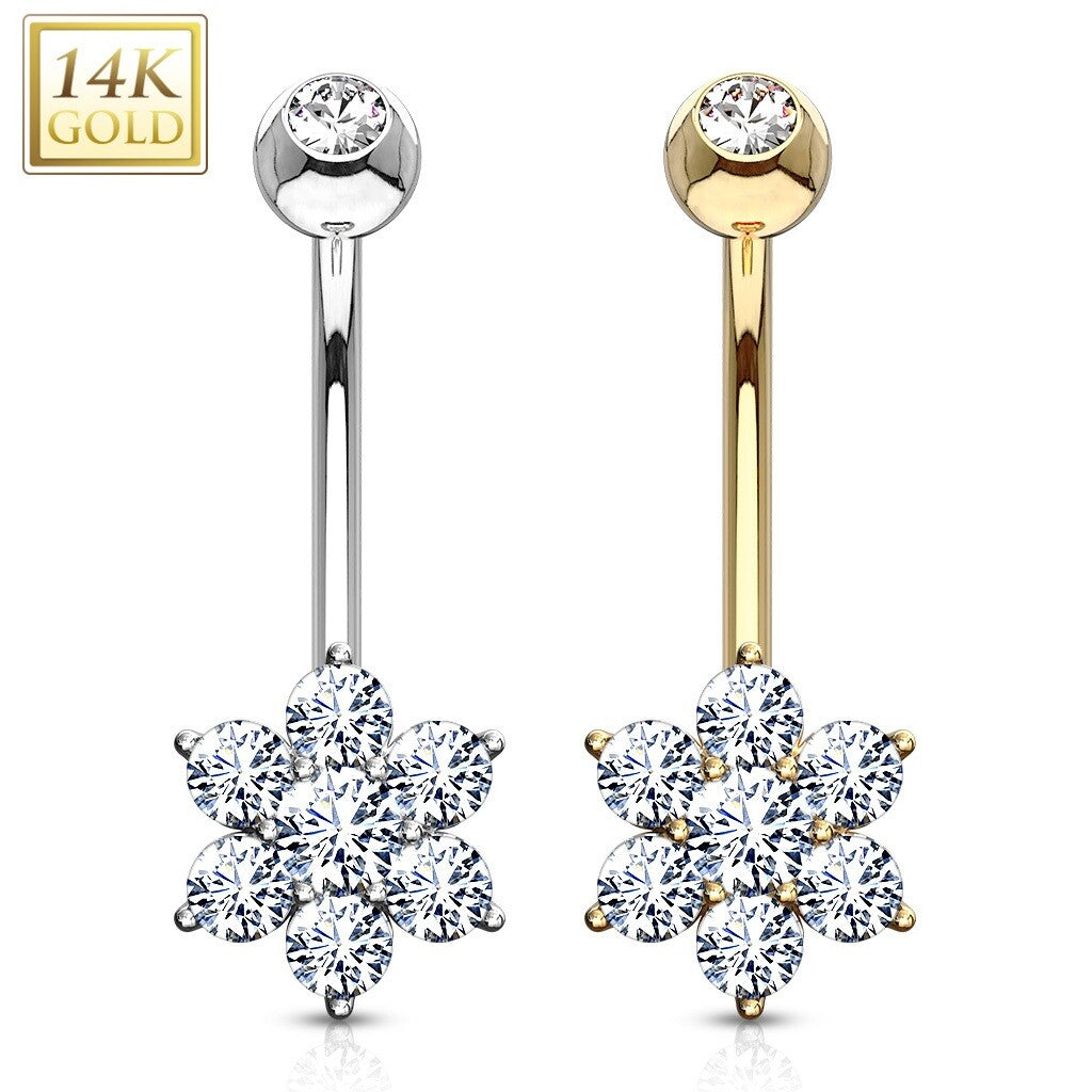 14KT Gold 14K Gold Flower Clear CZ Navel Belly Button Ring