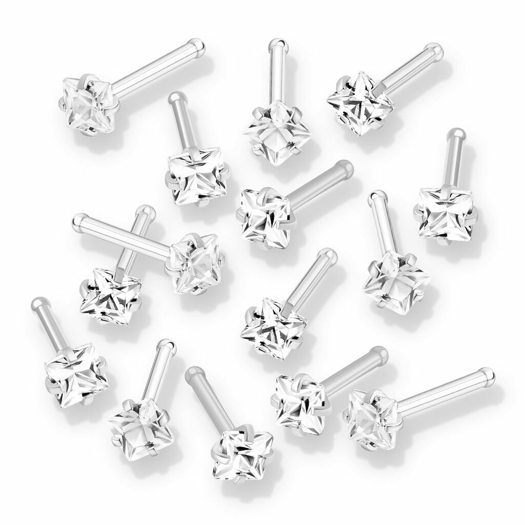 Prong Set Square CZ Top 316L Surgical Steel Nose Bone Stud Rings