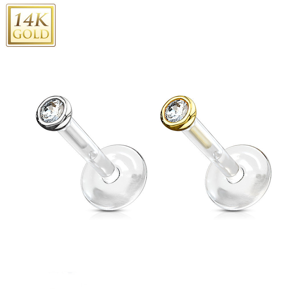 14KT Gold 14K Gold Gemball CZ Top With PTFE Flex Shaft Labret/Monroe