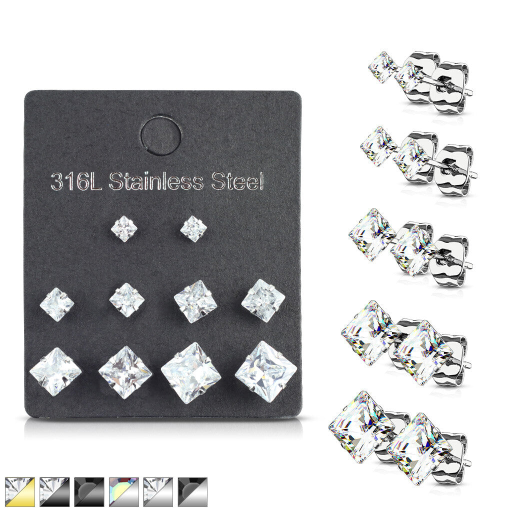 Sizes Prong Set Square CZ Stainless Steel Stud Earrings