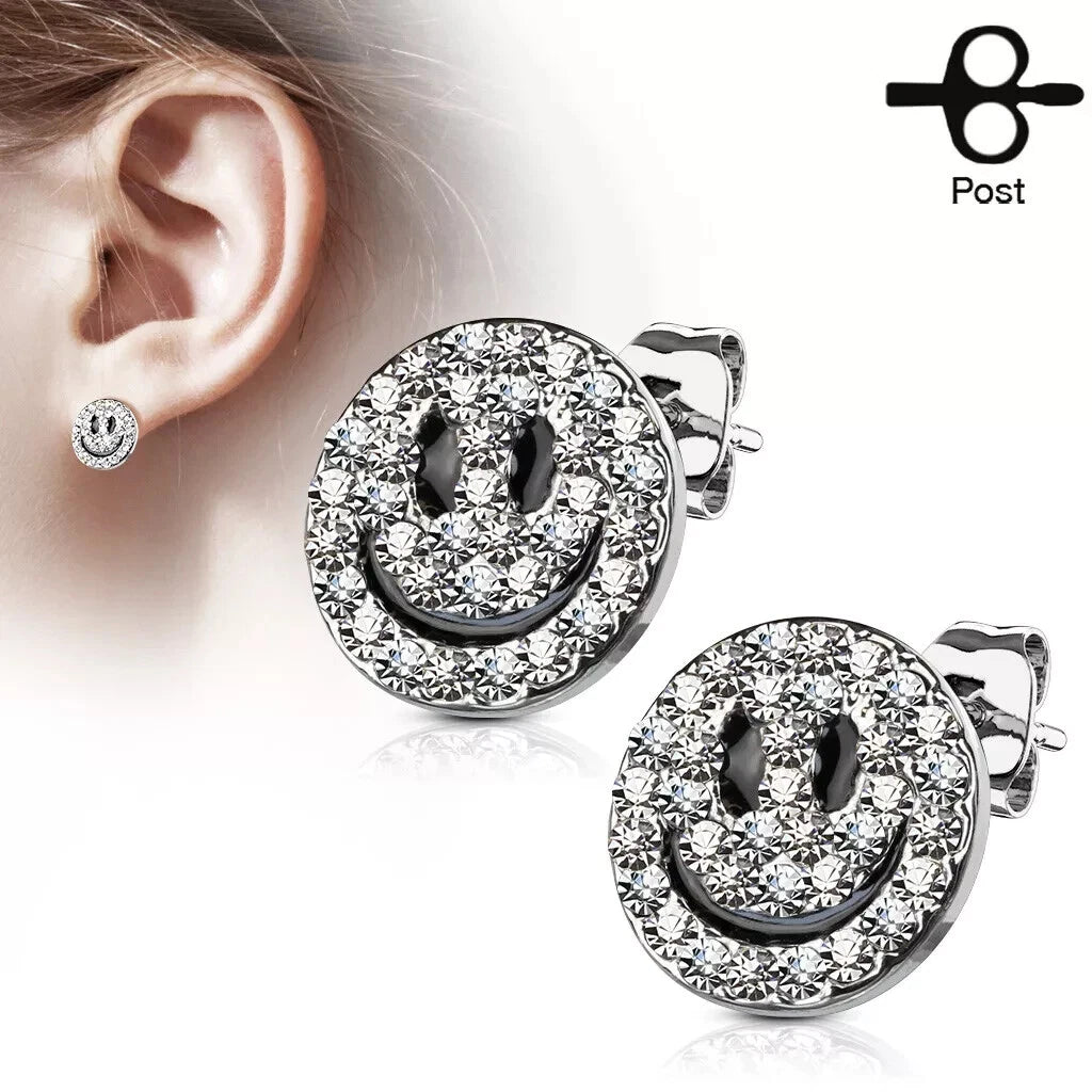 316L Surgical Steel Pair of Gem Paved Smiley Face 316L Surgical Steel...