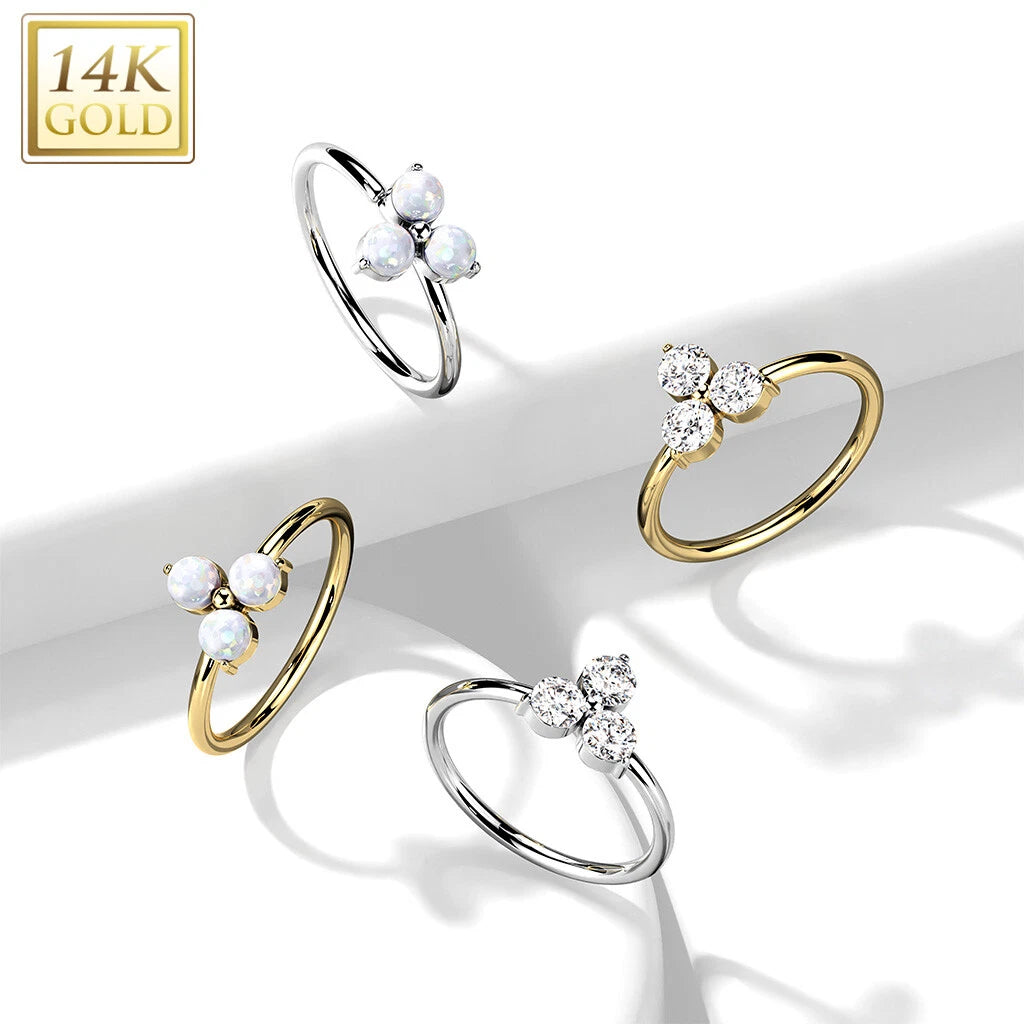 14KT Gold 14K Gold 3 Opal or CZ Triangle Set Nose Hoop