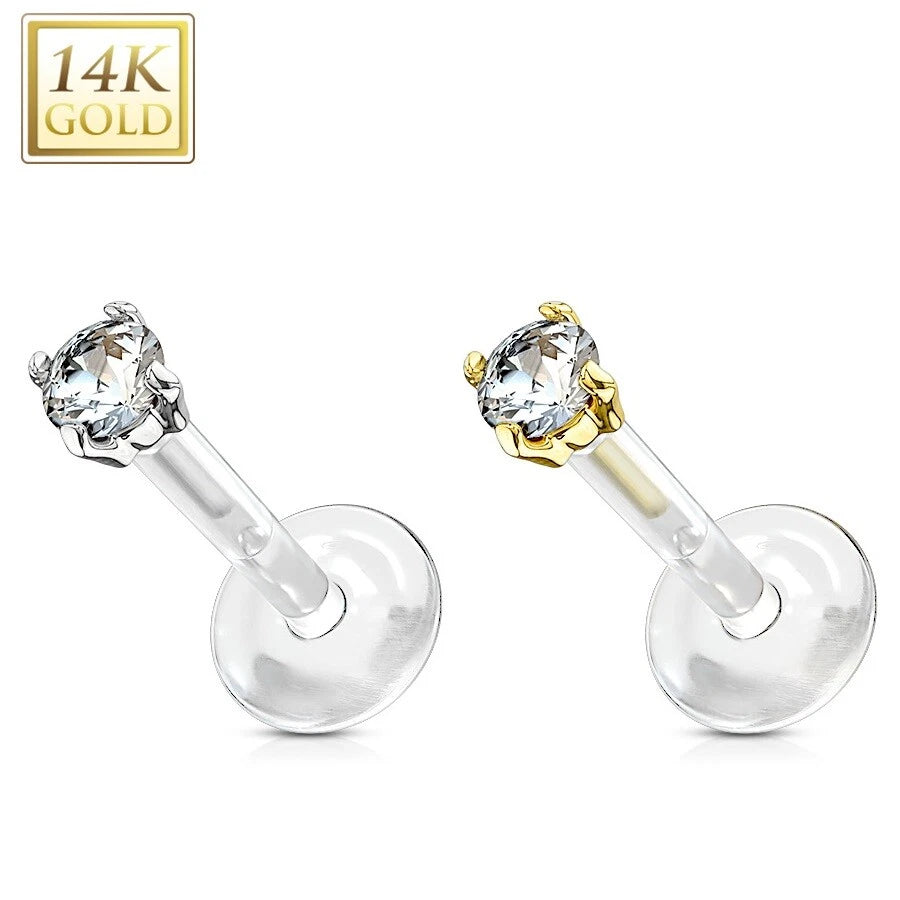 14KT Gold 14K Gold 2.5mm CZ Prong Set Top With PTFE Flex Shaft Labret...