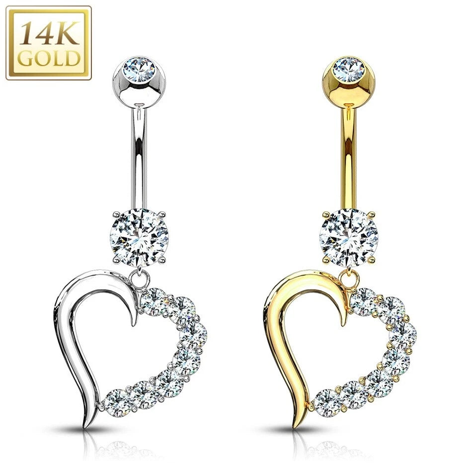14KT Gold 14K Gold Clear CZ Journey Heart Navel Ring