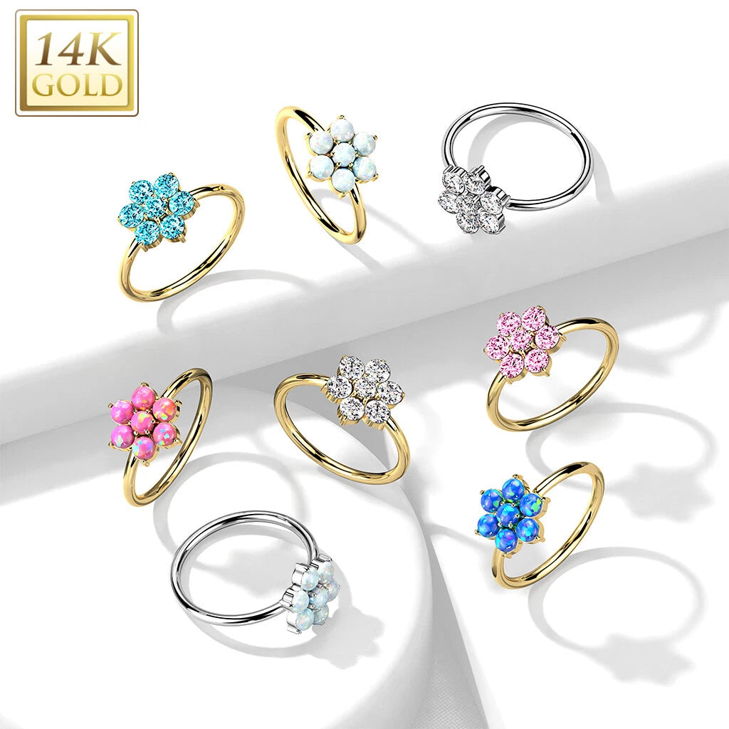 14K Gold Opal or CZ SetFlower Nose Hoop