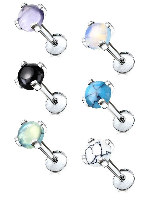 Semi Precious Stone Prong Set Top Internally Threaded Labret, Monroe, Cartilage Stud