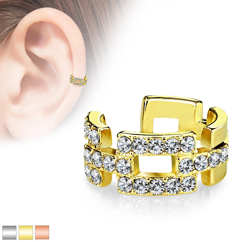 Brass Square Links Paved CZ Non-Piercing Ear Cuff