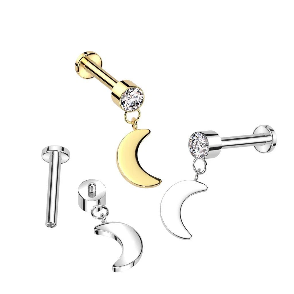 Implant Grade Titanium Internally Threaded Labret With Round Bezel Set CZ and Crescent Moon Dangle Top
