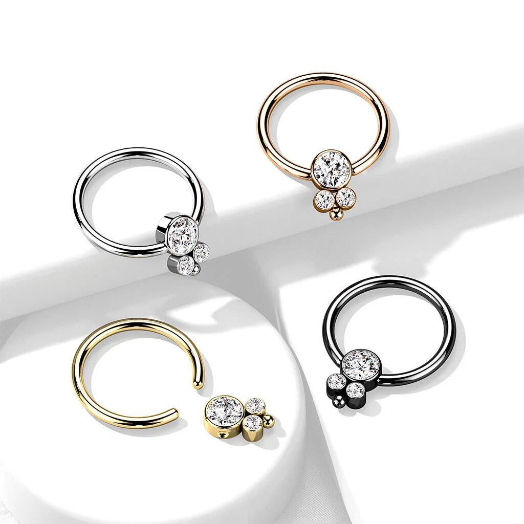 3 CZ Cluster Round Flat Ball 316L Surgical Steel Captive Bead Ring