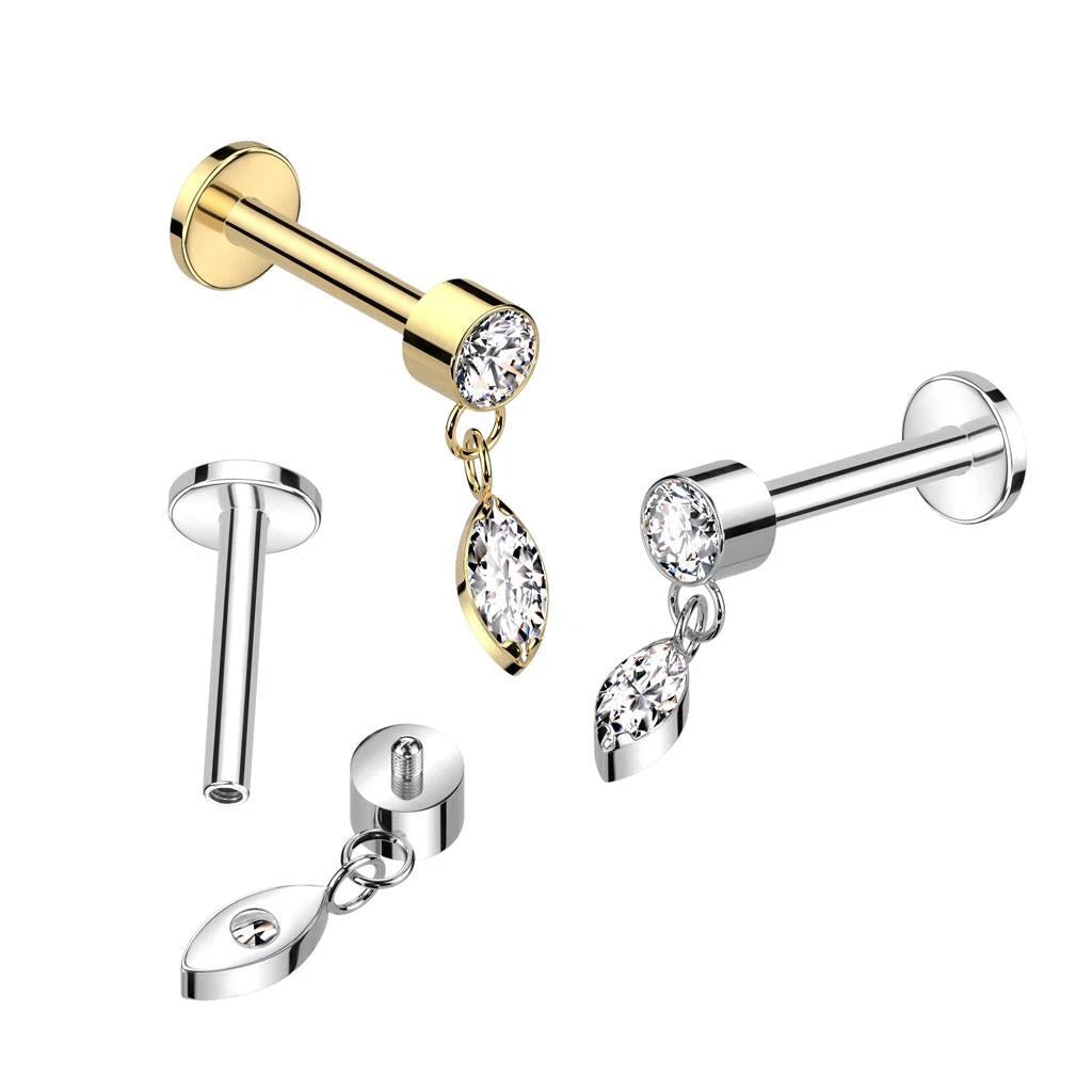 Implant Grade Titanium Internally Threaded Labret With Round Bezel Set CZ and Marquise CZ Dangle Top