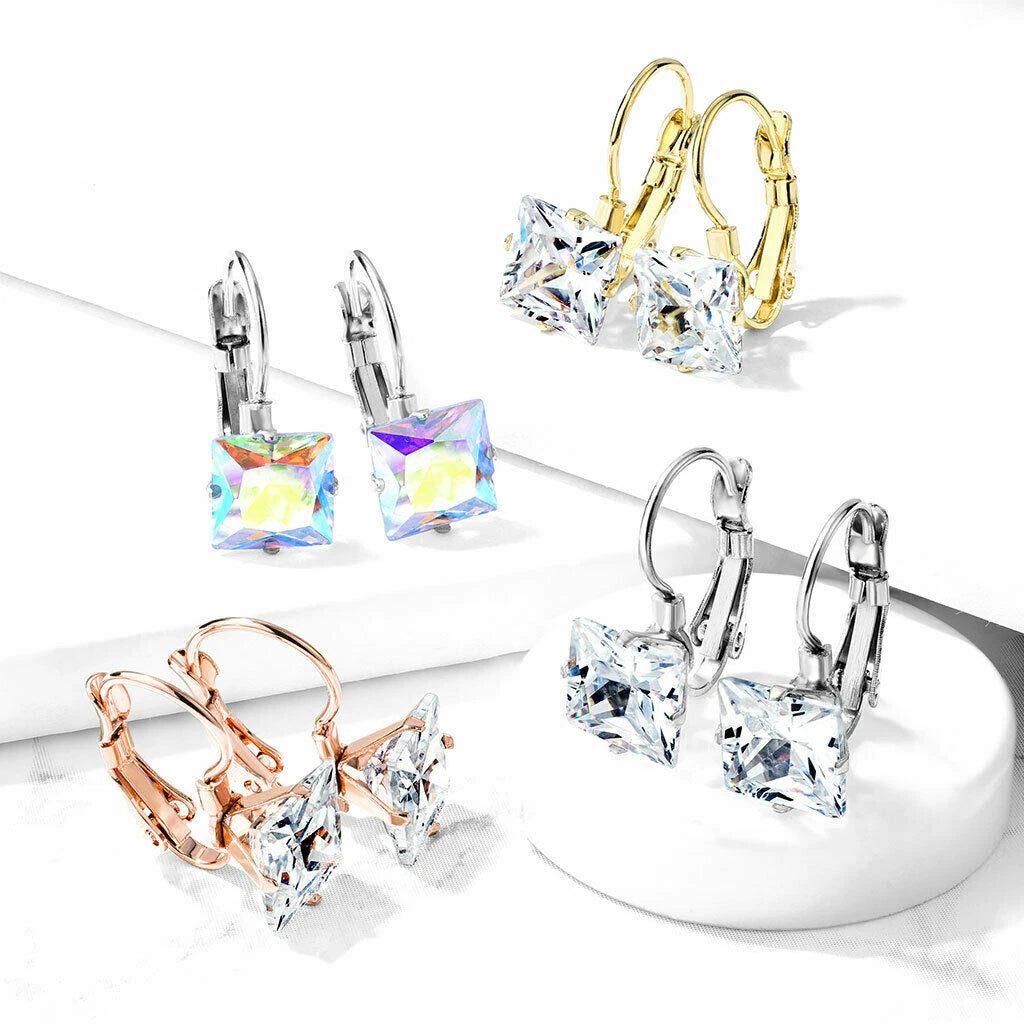 316L Surgical Steel Pair of Square CZ with Lever Back 316L Stainless...