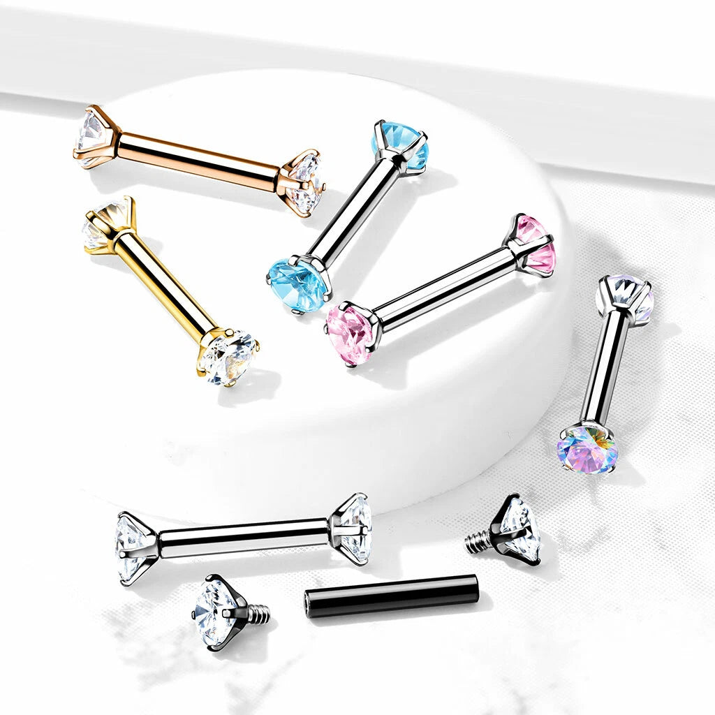 316L Surgical Steel Internally Threaded Barbells with Prong Set CZ On...
