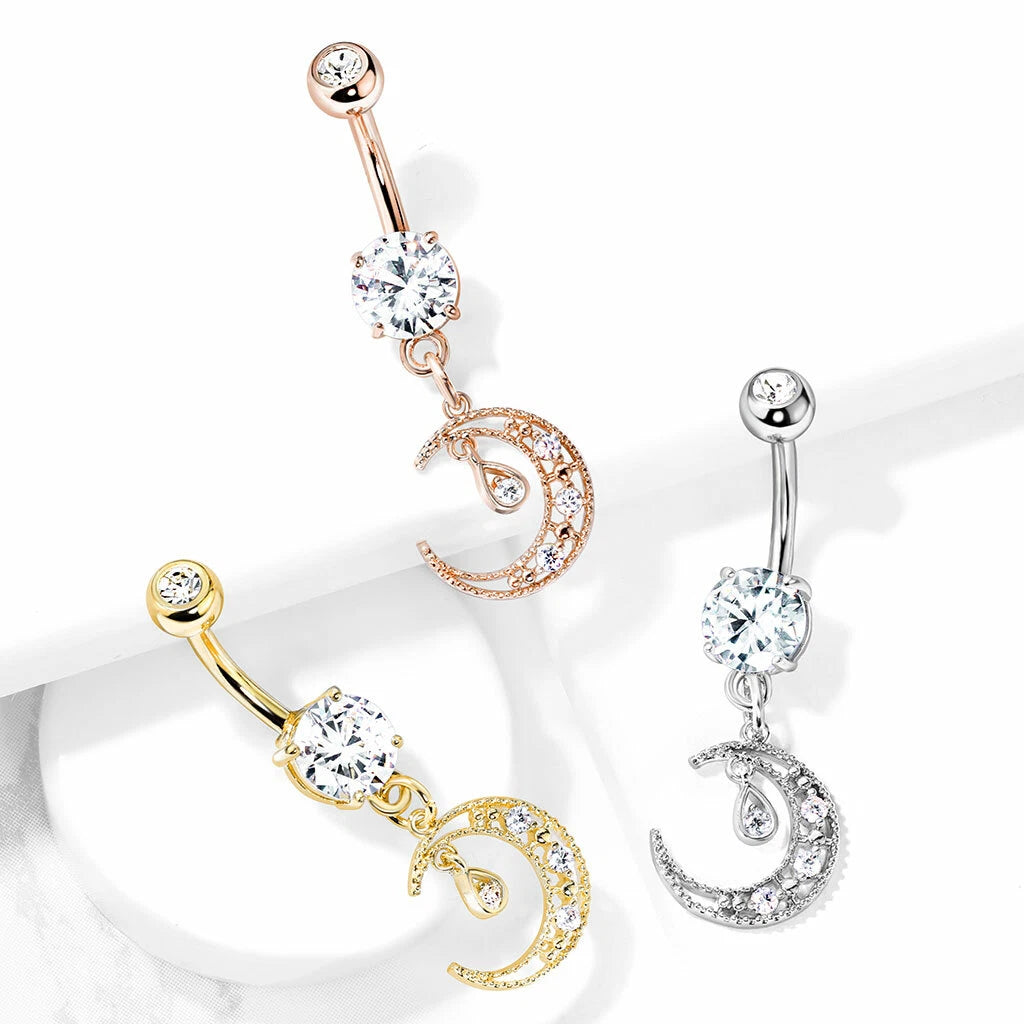 316L Surgical Steel 316L Surgical Steel CZ Paved Crescent Dangle Round...