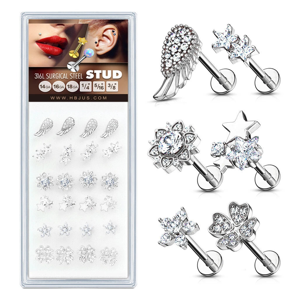 Styles with CZs 316L Surgical Steel Internally Threaded Labrets, Monroe, and Cartilage Studs