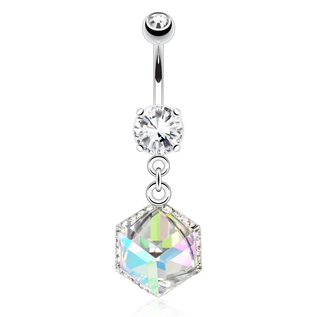 316L Surgical Steel 316L Surgical Steel Cube Prism Gem Encased by Paved...