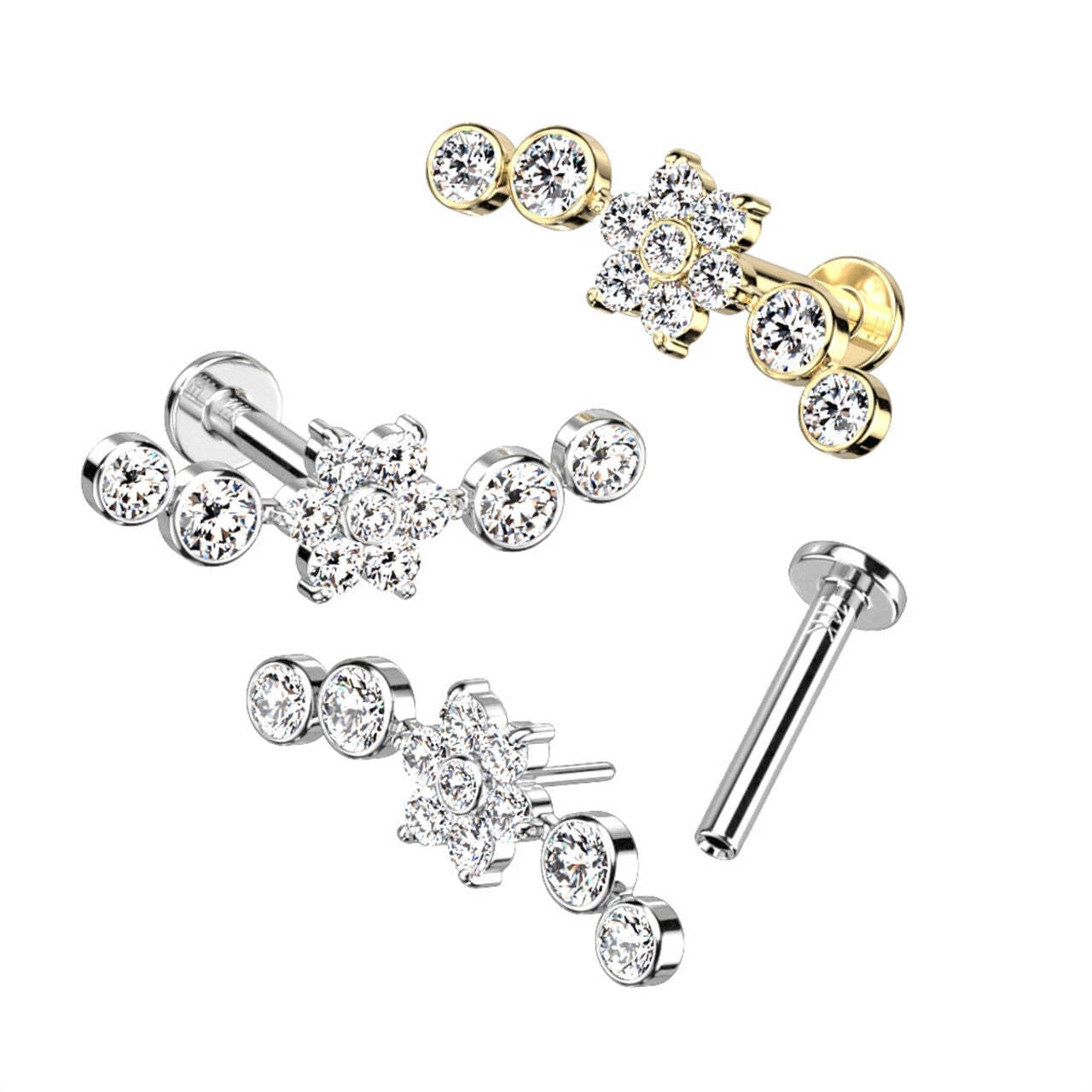 14K Gold Threadless Labret/Flat Back Stud With Flower Center and 2 CZ Ball on Each Side