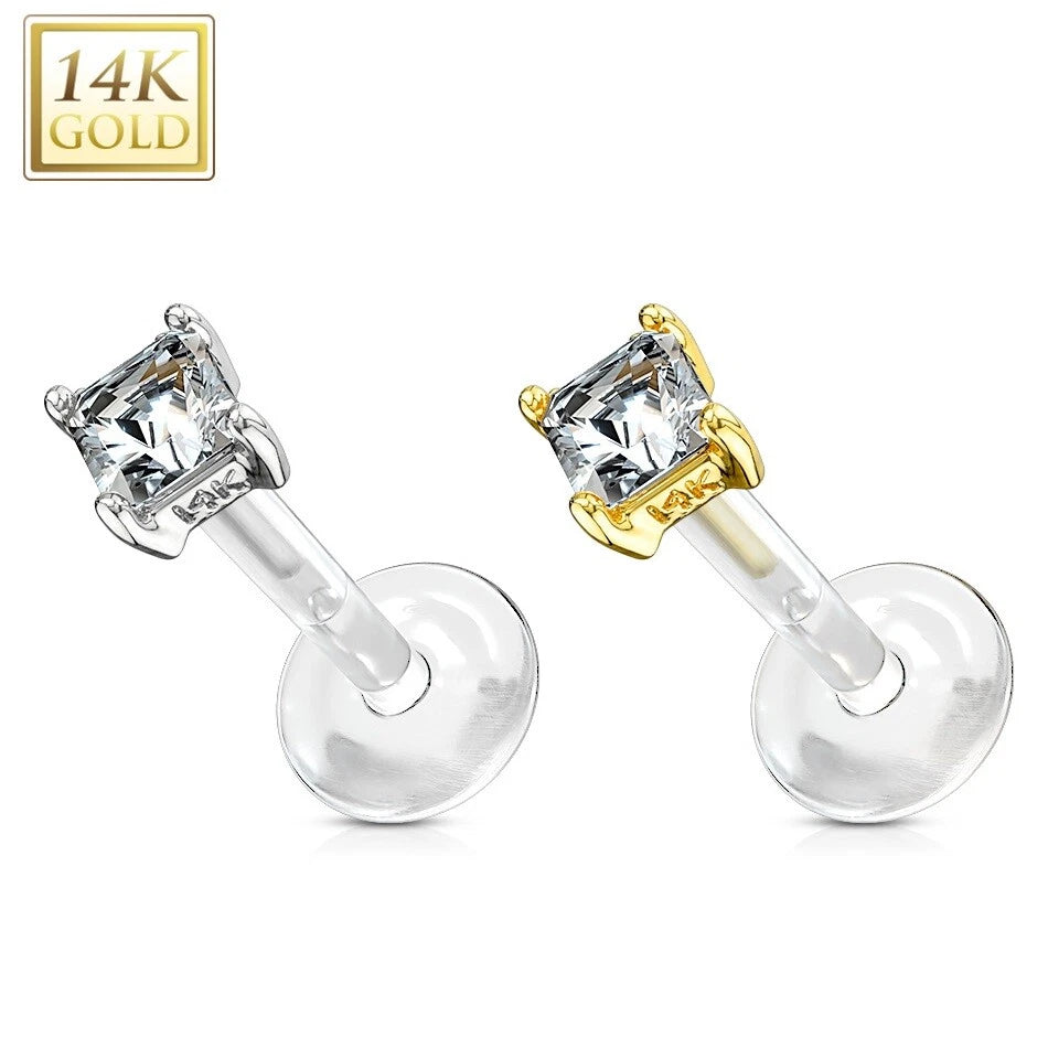 14KT Gold 14K Gold Square Princess Cut CZ Prong Set Top With PTFE Flex...