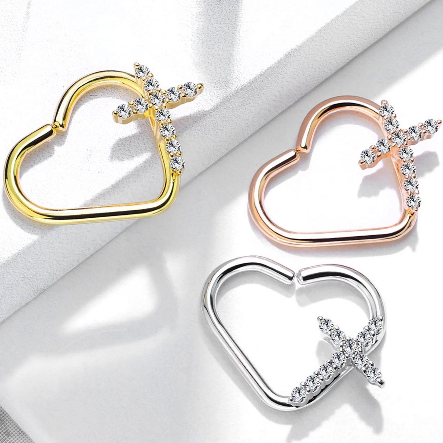 Brass CZ Paved Cross Heart Shape Ear Cartilge, Daith Hoop Rings