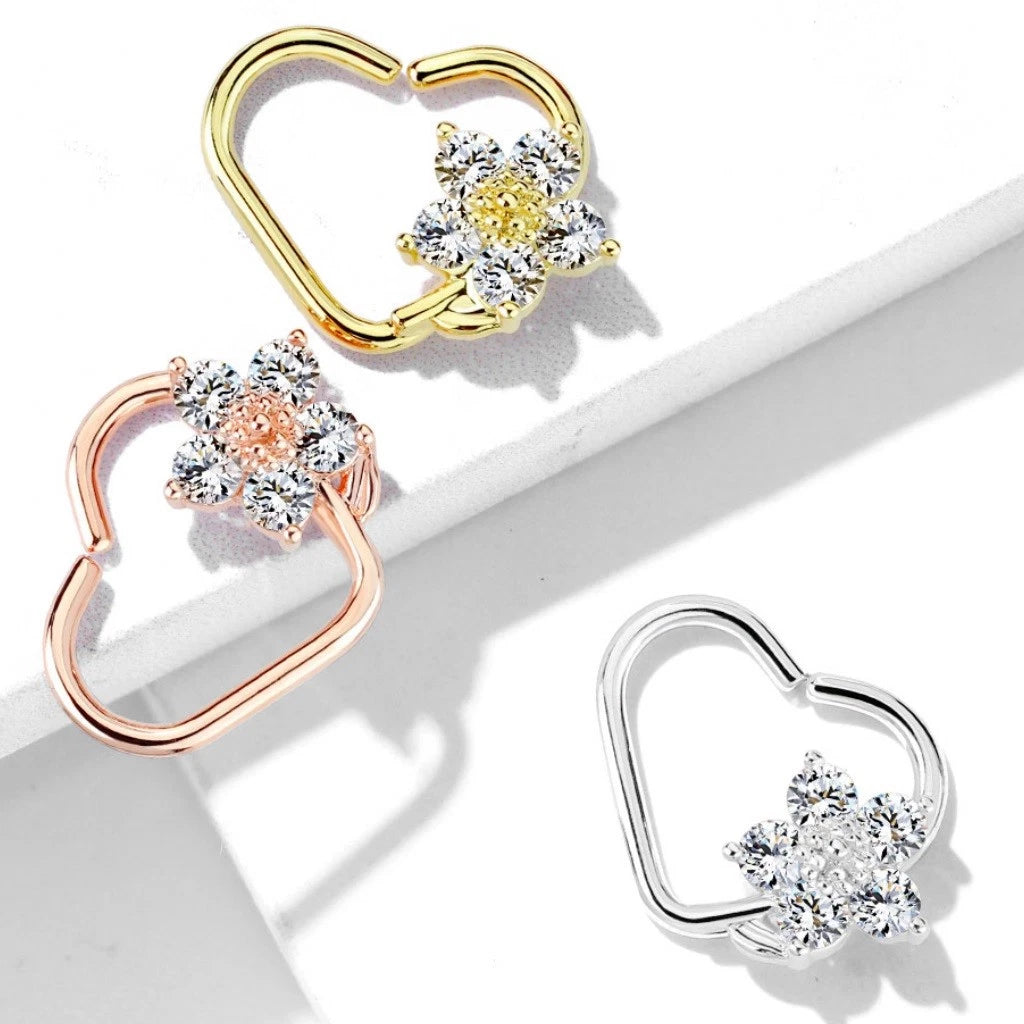 Brass CZ Flower Heart Shape Ear Cartilge, Daith Hoop Rings