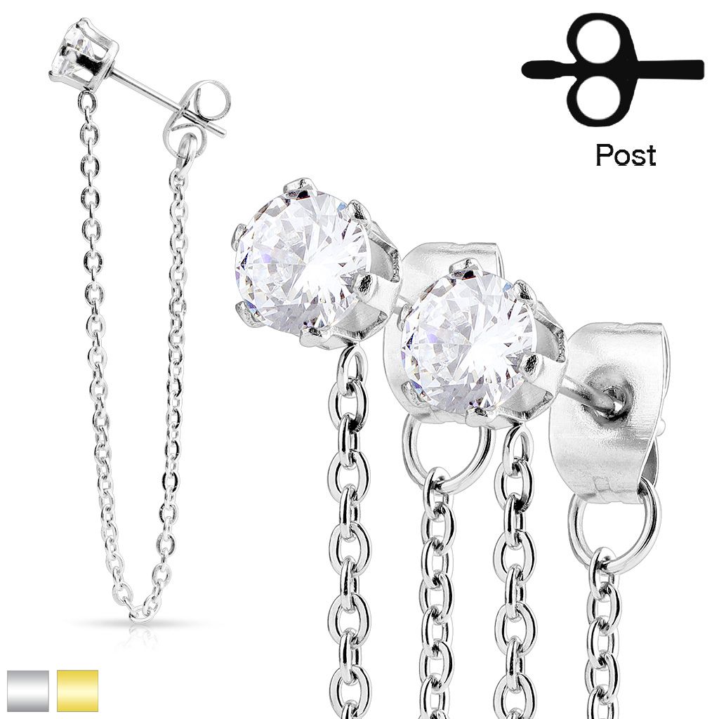 316L Surgical Steel Pair of Chain Drops Prong Set CZ Stainless Steel...