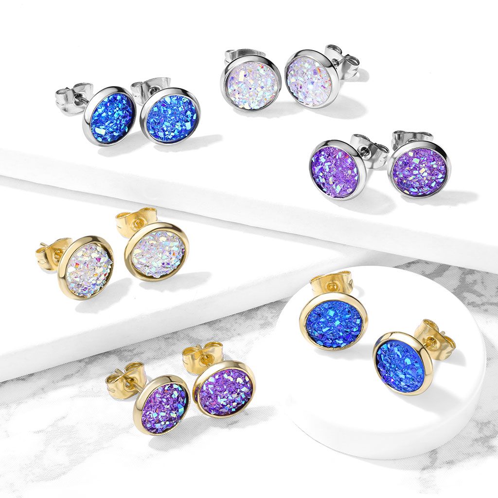 316L Surgical Steel Pair of Druzy Stone Set 316L Stainless Steel Stud...