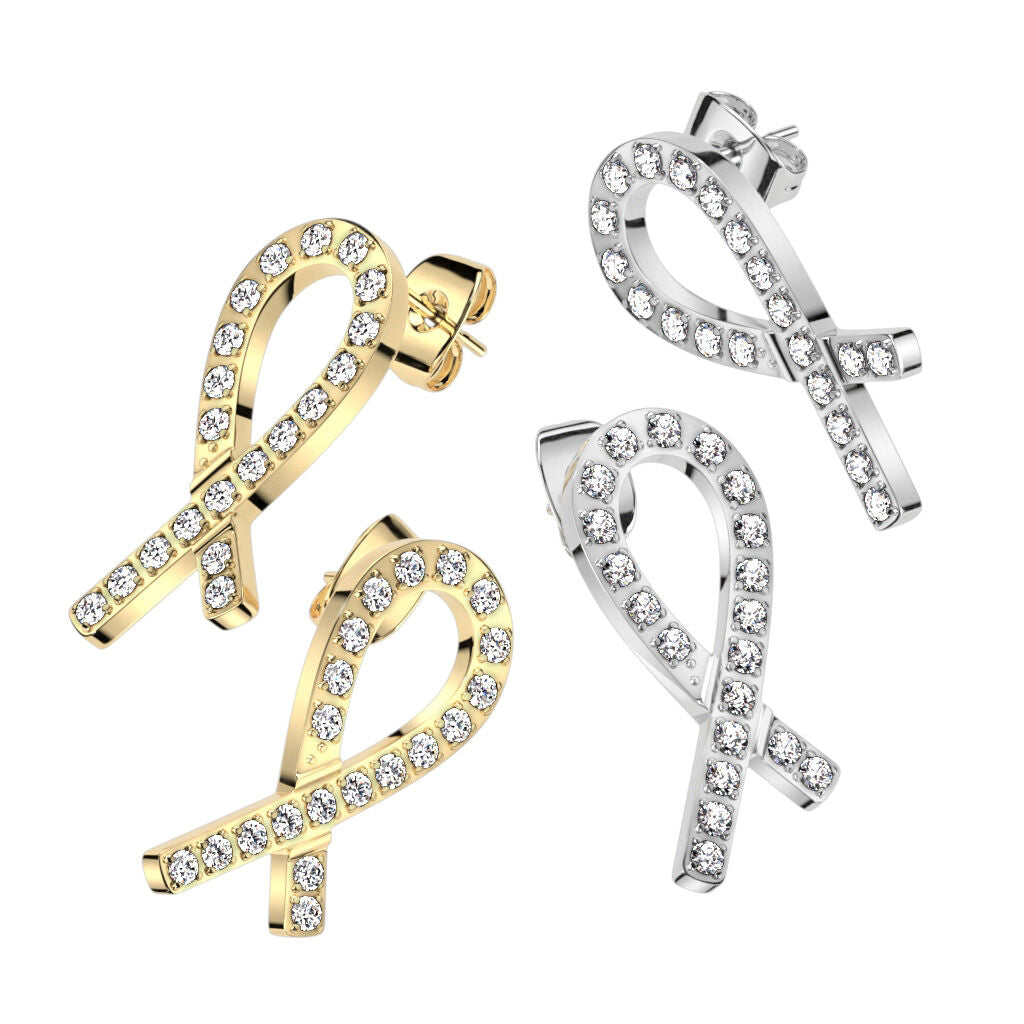 316L Surgical Steel Pair of CNC CZ Ribbon 316L Stainless Steel Stud...