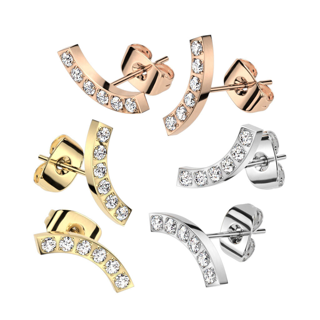 316L Surgical Steel Pair of CNC CZ Curve 316L Stainless Steel Stud Earrings