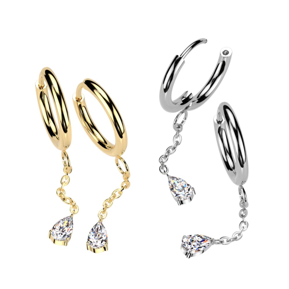 316L Surgical Steel Pair of 316L Hinged Hoop Earrings With Teardrop CZ...