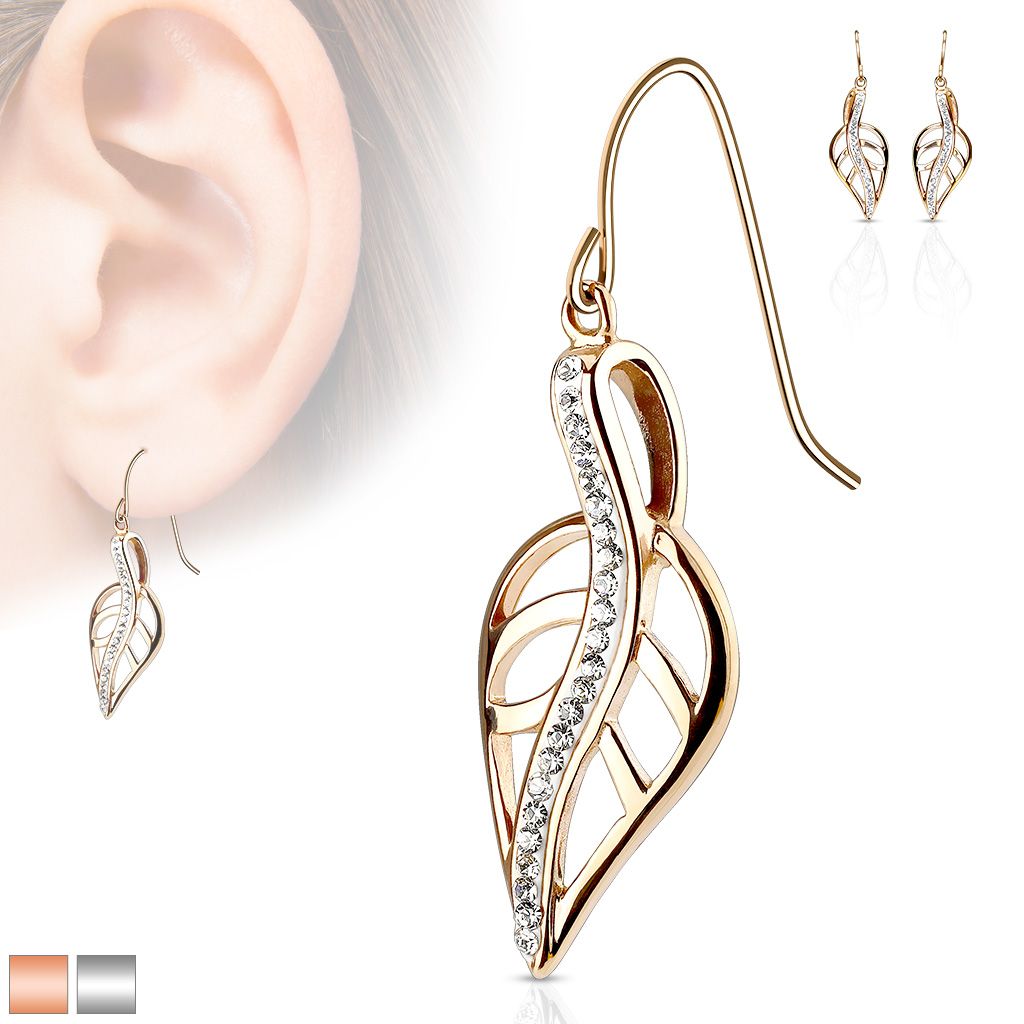 316L Surgical Steel Pair of CZ Lined Leaf Stainless Steel Hook Earrings