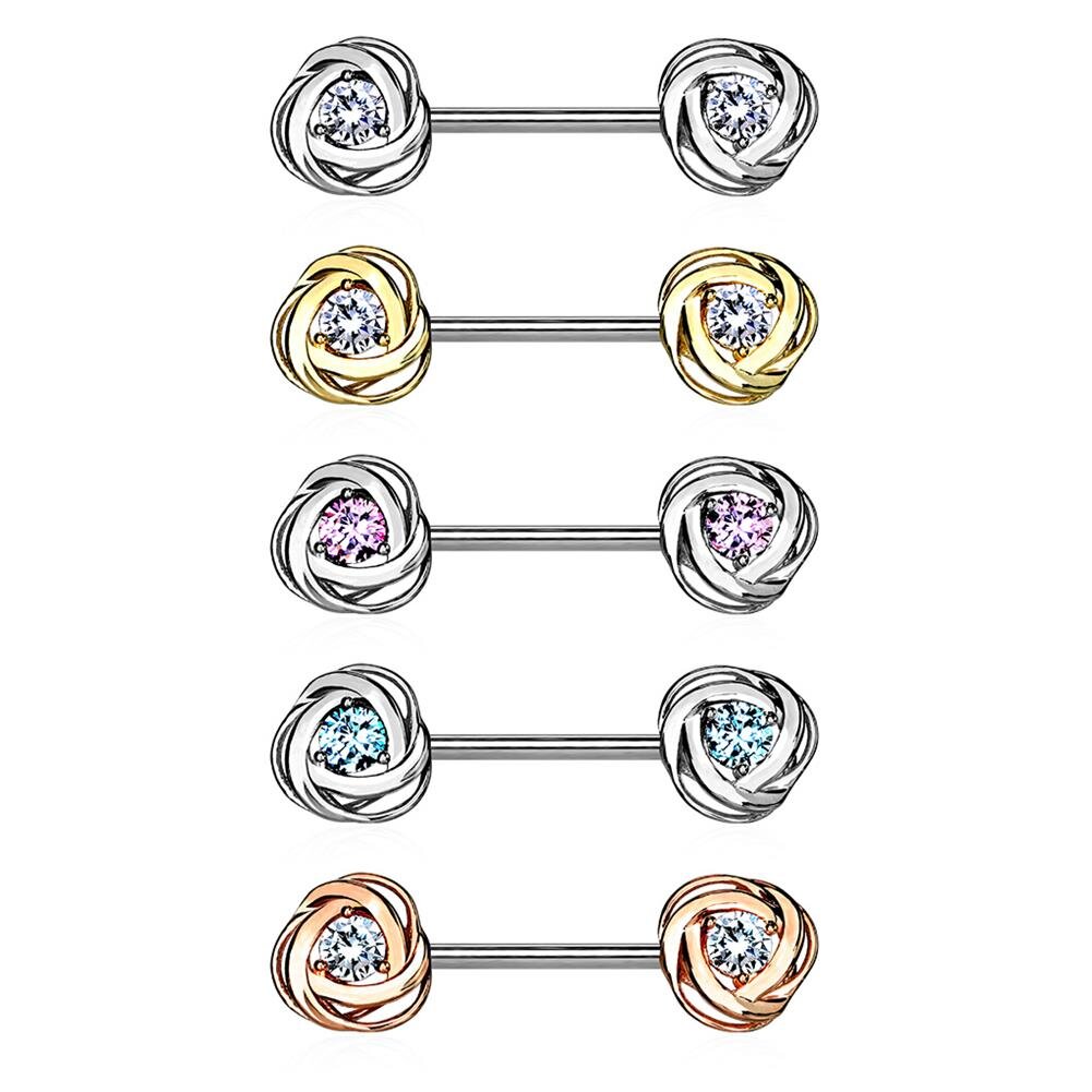 CZ Centered Rose Blossom Ends 316L Surgical Steel Nipple Barbell Rings
