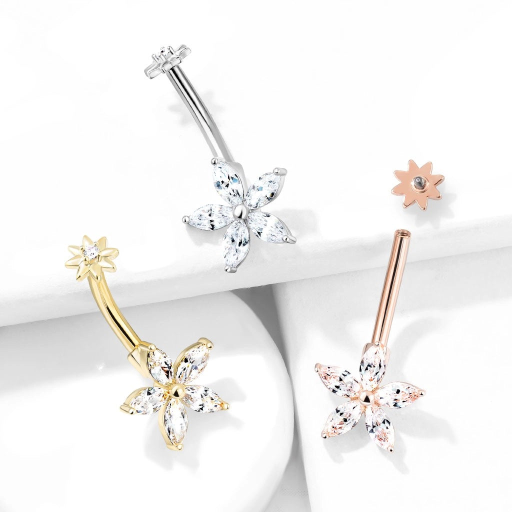 316L Surgical Steel 5 Marquise CZ Petals Flower With Internally...