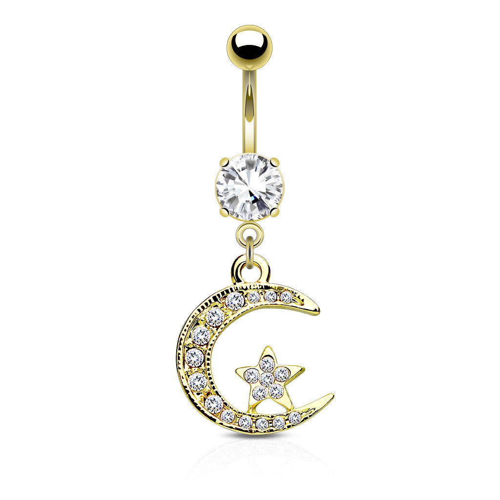 316L Surgical Steel 316L Surgical Steel Moon & Star CZ Belly Button Ring
