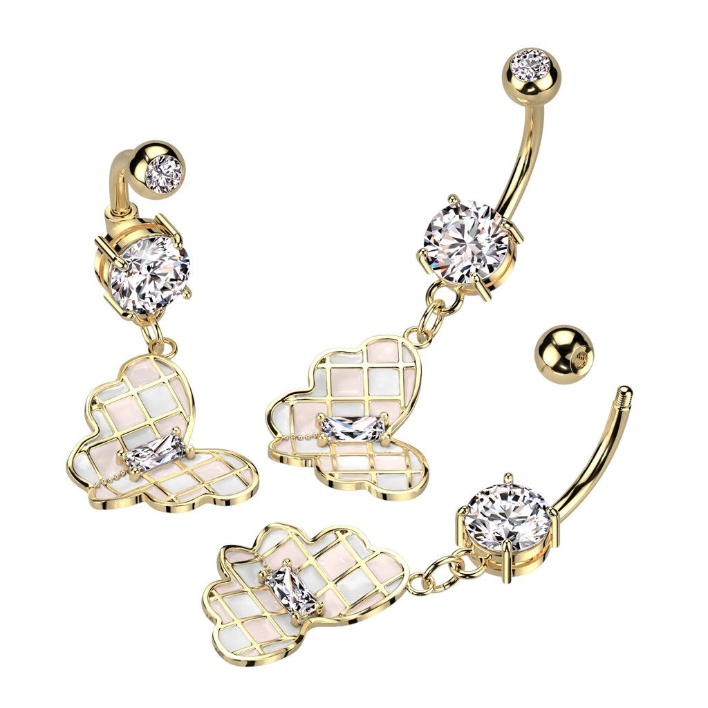 316L Surgical Steel Double CZ Checkered Butterfly Dangle With Prong Set...