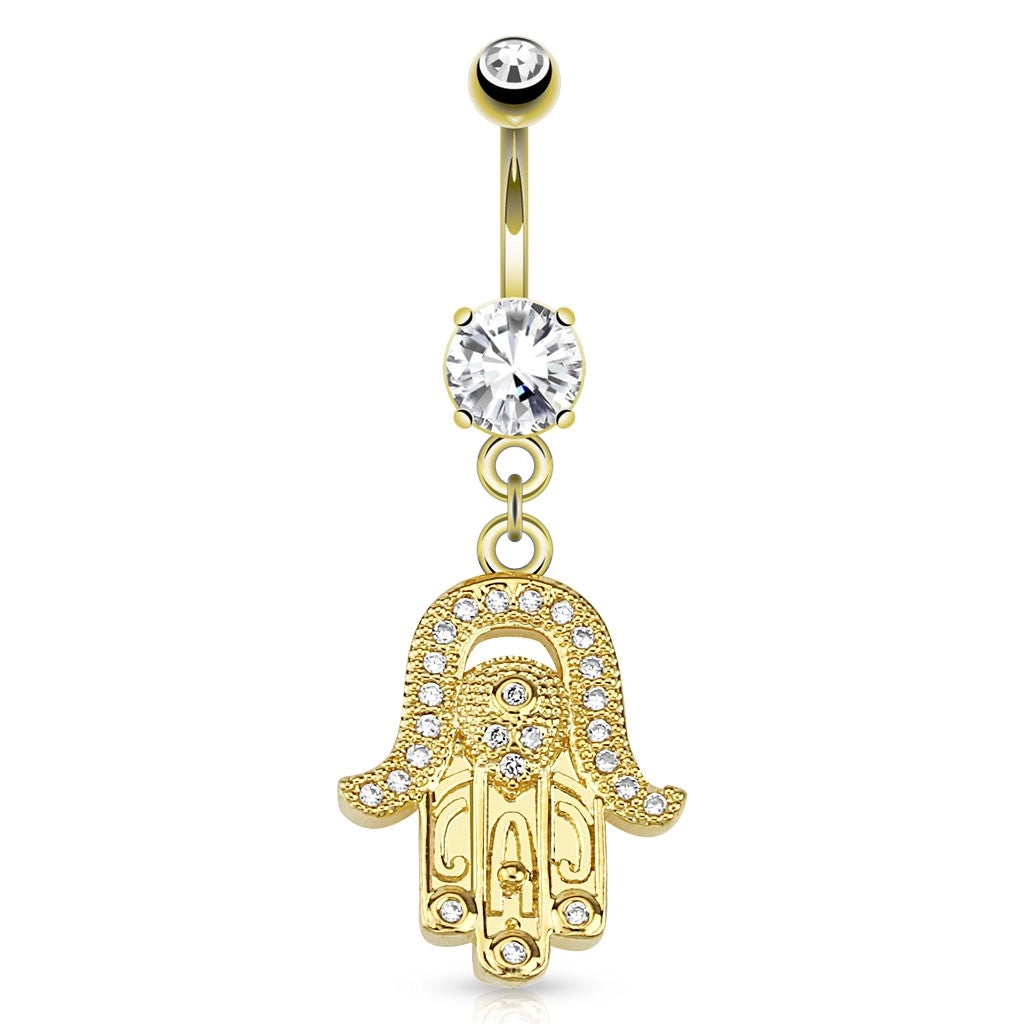 316L Surgical Steel 316L Surgical Steel Hamsa CZ Paved Dangle Belly...